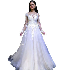 European and American sexy lace perspective dress wish round neck thin waist white wedding dress long skirt