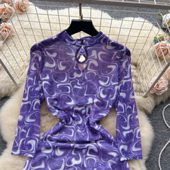 Elegant, light and luxurious design, color matching, printed slim-fit long A-line dress with knee slits