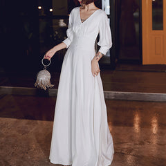 Ladies V-Neck Long Mid-Sleeve Simple Banquet Evening Dress LX095