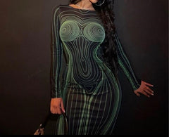 فستان نسائي جديد على الطراز الأوروبي والأمريكي مطبوع بدون ظهر وياقة دائرية وأكمام طويلة