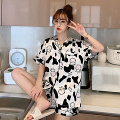 Fashion Print Pajama Sets Silk Pajamas Korean Style Cute Short Sleeve Nightgown Comfort Two Piece Suit