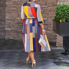 New style dress, African print, bow tie, three-quarter sleeves, mid-length dress, women's clothing