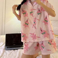 Pajama Sets SummerTurn-down Collar Short Sleeve Women Summer Character Printed Thin Trendy Womens 2pcs Pyjamas nightgown