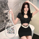 Women Two Piece Sets Knitting Ribbed Fashion Short Sleeve Casual Bodycon Outfits Button Crop Top And Skirt Co-ord Set