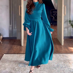 Women's Elegant Lotus Leaf Long Sleeve Stand Collar High Waist Dress