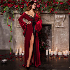 Amazon gold velvet autumn and winter long sexy pajamas women's home clothes thick nightdress long robe 75175