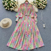 High-quality sweet printed chiffon loose tie collar dress