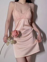 Sexy Women's Lingerie Deep V Lace Sling Nightdress Solid Color Large Size Pajamas