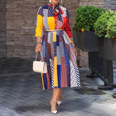 New style dress, African print, bow tie, three-quarter sleeves, mid-length dress, women's clothing