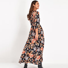 Aachoae Vintage Floral Print Maxi Dress Women Boho Three Quarter Sleeve Long Dress Turn Down Collar Casual Shirt Dresses Robe