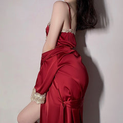 New Women`s Lingerie Sexy Satin Lace Nightgown Thong Robe Suit Female Thin Deep V Strap Nightdress Bathrobe Sets Sleepwear