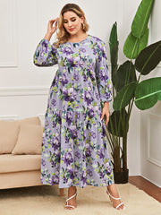 Plus Size Women's Elegant Fashion Round Neck Lantern Sleeve Stitching Print Dress Long Dress