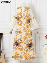 VONDA Elegant Dresses For Women 2022 Vintage Random Printed O Neck Long Flared Sleeve A-Line Vestidos Bohemian Party Casual Plus Size Long Dresses