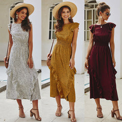 فستان صيفي نسائي أنيق ماكسي فستان موضة دوت طباعة رقبة دائرية مكشكشة كم قصير فستان الشمس فستان طويل رداء بوهو فستان الحفلات والنوادي ملابس الشاطئ