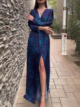 Blue Elegant Leopard Print Slit Dress
