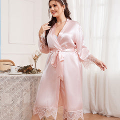 Plus size bathrobe home clothes thin white lace pajamas women's silk home cardigan clothes