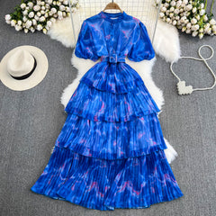 فستان كعكة على شكل حرف A بأكمام منتفخة فرنسية كلاسيكية لطيفة وياقة واقفة ومطبوع على شكل حرف A