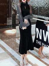 Ladies mid-length long-sleeved slim fishtail party dress velvet see-through sleeve party evening dress