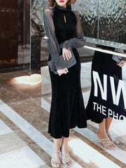 Ladies mid-length long-sleeved slim fishtail party dress velvet see-through sleeve party evening dress