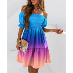 New style tube top short-sleeved neckline waist pleated print dress women