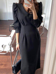 VONDA Elegant Party Sundress Summer Women Long Puff Sleeve Solid Color Midi Dress Casual Loose Pleated V Neck Sexy Vestidos