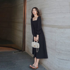 Women's Fashion Dress 2023 Chinese New Year Long-sleeved Dress Temperament Square Collar Over-the-Knee Long Hepburn Style Little Black Dress 4y18