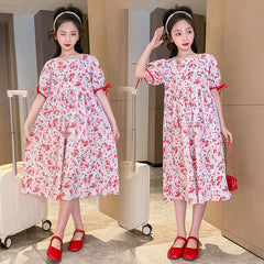 Summer new Korean version of children's clothing girls dress female big boy parent-child floral high waist dress short-sleeved long skirt