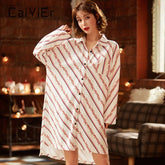 2021 Stripe Women Leisure Nightgown Turn-down Collar Bathrobe Witer Long Sleeve Ladies Shirt Skirt Girl Nightdress