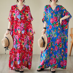 Women's summer V-neck cotton silk large size loose literary holiday style beach dress retro meat-covering long robe