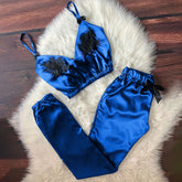 Lace Flower Pajamas Sets Women V-Neck Eyelash Lace Sexy Stain Camisole Pajamas Bowknot Pants Set Femme Sleepwear