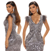 European and American fashion new bag hip skirt shoulder feather long sequin sexy evening dress dress