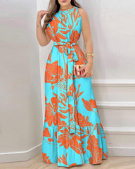 Women Dresses 2023 Spring Fashion Flower Print Casual Round Neck Sleeveless Tie Detail Daily Long Holiday Dress