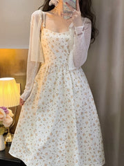 كوريا الملابس 2 قطعة مجموعة فستان المرأة سليم الأزهار فستان بحزام مكتب سيدة الشاطئ نمط بوهو أنيق ميدي فستان حفلة 2022 الصيف