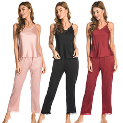 Ladies spring and summer ice silk s exy suspender nightdress nine minutes pants suit lace V-neck simulation silk pajamas women's home service