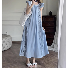 Summer New Ladies Tencel Small Flying Sleeves French Waist Dopamine Blue Designer Dress