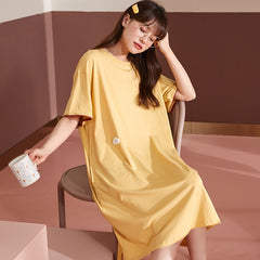 Nightdress women's summer cotton short-sleeved cardigan front button mid-length over-the-knee dress sweet and cute pajamas