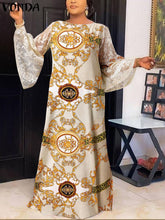 VONDA Elegant Dresses For Women 2022 Vintage Random Printed O Neck Long Flared Sleeve A-Line Vestidos Bohemian Party Casual Plus Size Long Dresses
