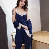 Pajamas women's summer silk suspenders nightgown home service lace sexy ladies ice silk pajamas three-piece suit
