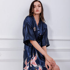 sleepwear Home Clothing Women Silky Satin Kimono Bathrobe Dress Gown Flower Long Sleepwear Casual Print Half Sleeve Women Nightdress Sexy Pajamas