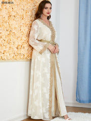 Elegant Casual Women Dresses Abayas For Women Muslim 2 Piece Set Floral Embroidery Guipure Lace Inlay Belted Kaftan