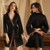 New seductive sexy pajamas Women's ice silk pajamas desire bathrobe Long sleeve silk lace pajamas Home wear