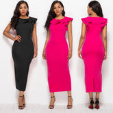 Long skirt dress with ruffled sleeves and pile neck slit