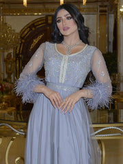 Blue-purple ostrich hair hot-drilling craft dress