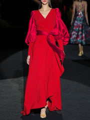 VONDA Elegant Satin Maxi Dress Women Long Lantern Sleeve Patchwork Sundress 2023 Summer Sexy V-Neck Evening Party Vestido Belted