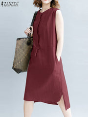 ZANZEA Summer Sleeveless Casual Knee-length Dress Fashion Women Solid Work Vestido Elegant Drawstring Waist Party Sundress Robe