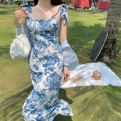 French Summer Vintage Floral Women Dress Midi Sleeveless Backless Y2k Fashion Blue Boho Party Bodycon Dress Chic Beach Dresses