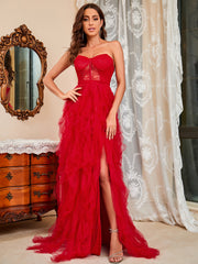 European and American women's large size lace mesh tube top sexy evening dress