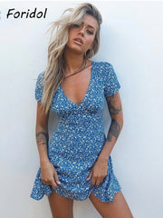 فستان شاطئ صيفي أزرق مطبوع عليه زهور فستان نسائي غير رسمي للعطلات بأكمام قصيرة فستان صيفي بوهو ملابس عصرية