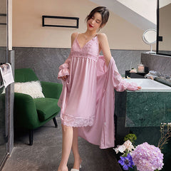 Women Satin 2PCS Set Robe Set Lace Long Sleepwear Strap Nighty Kimono Robe With Bra Bride Wedding Bathrobe Lounge Homewear Nightgown Set