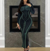 فستان نسائي جديد على الطراز الأوروبي والأمريكي مطبوع بدون ظهر وياقة دائرية وأكمام طويلة